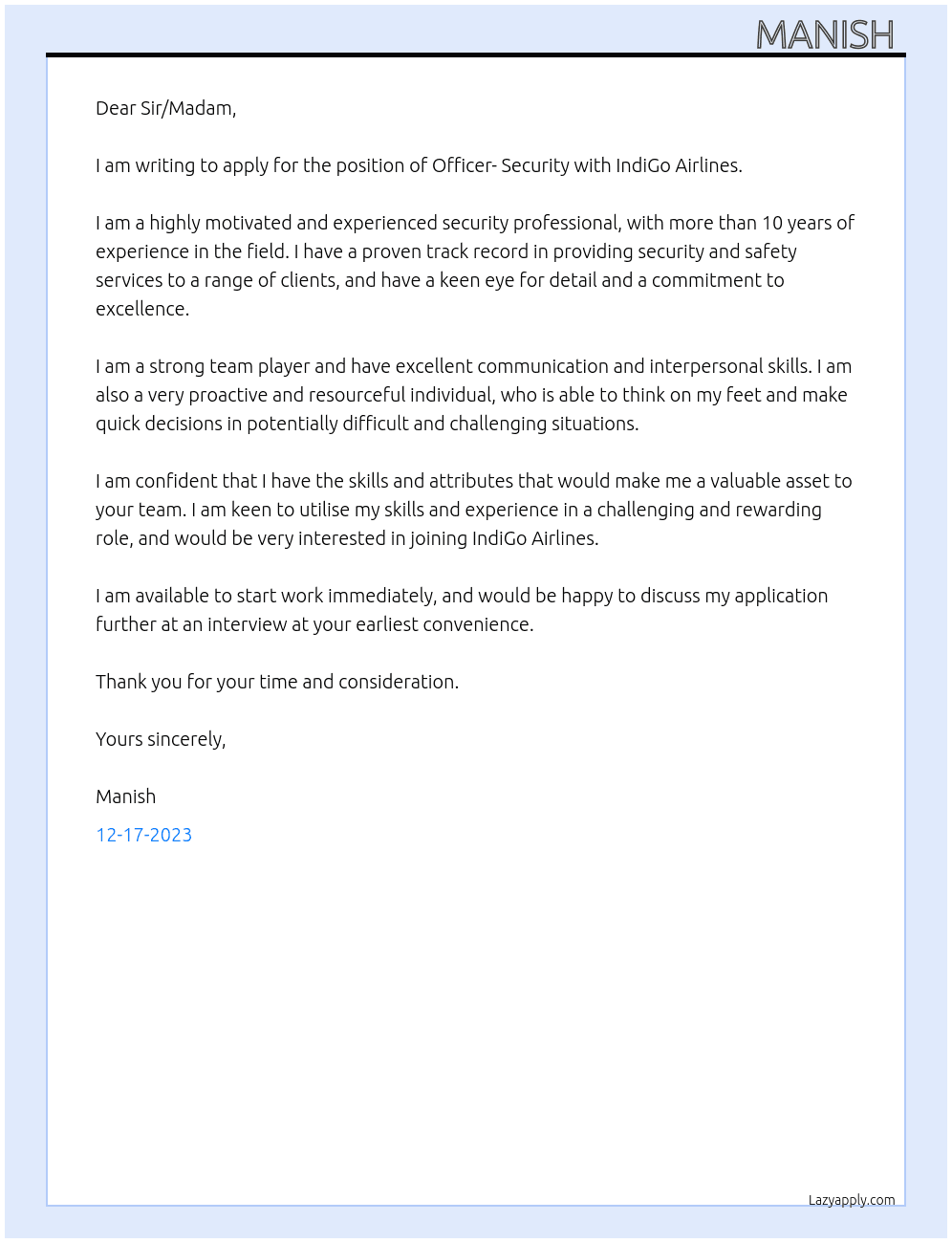 Officer- Security  At IndiGo Airlines  Cover Letter