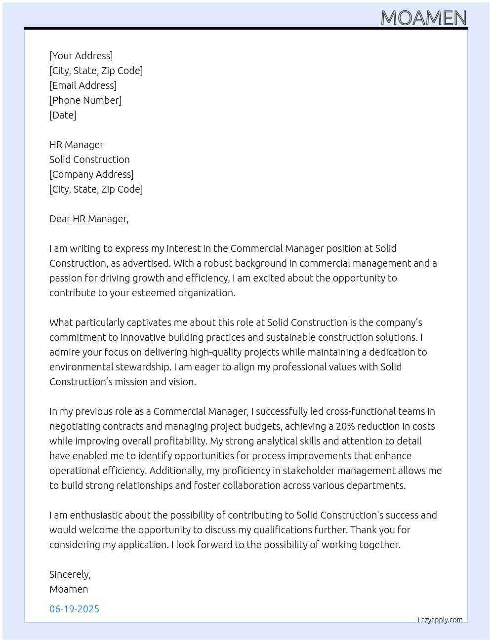 Commercial Manager At Solid Construction Cover Letter