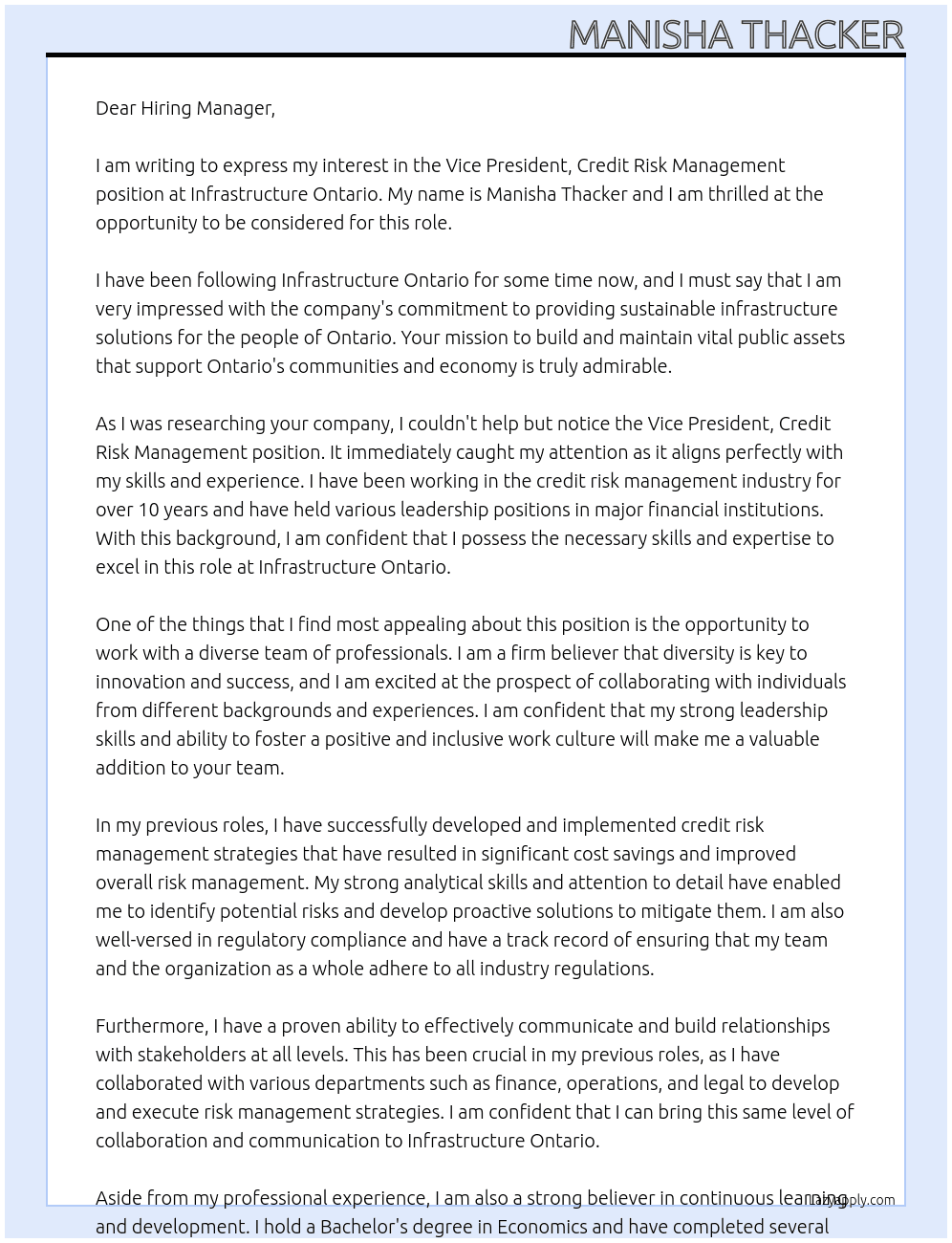 Vice President, Credit Risk Management At Infrastruc ture Ontario Cover Letter