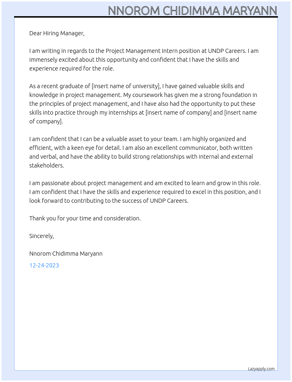 Project management intern At UNDP Careers Cover Letter