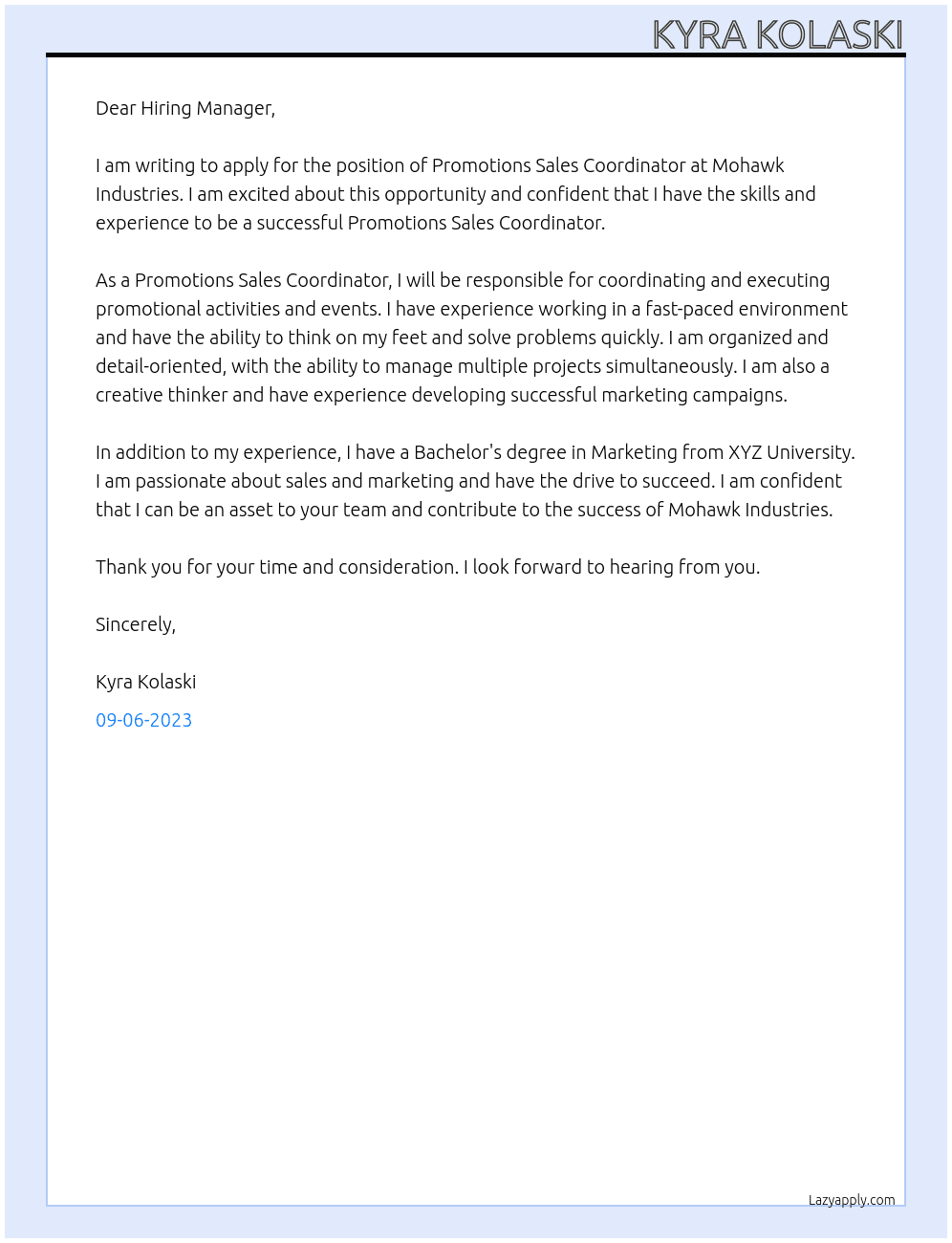 Promotions Sales Coordinator At Mohawk Industries Cover Letter