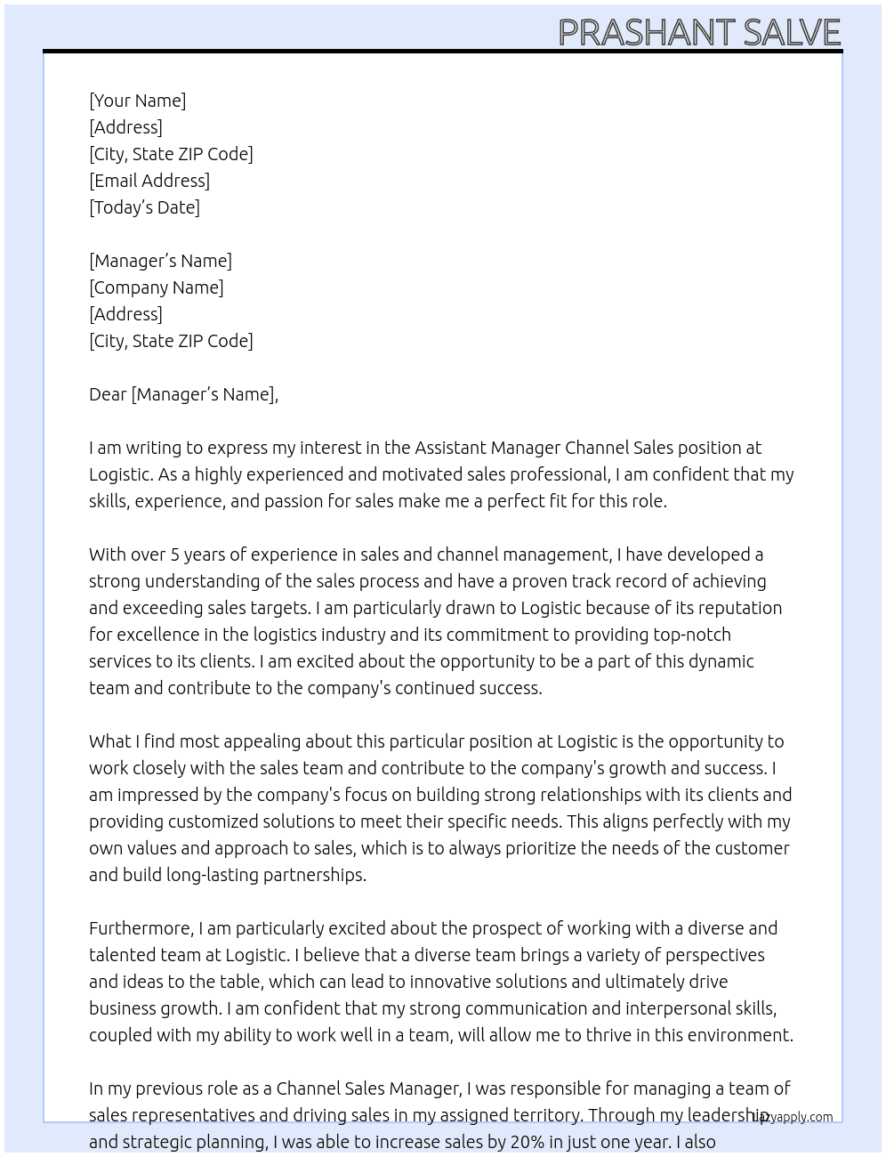 Assistant manager Channel sales At Logistic Cover Letter