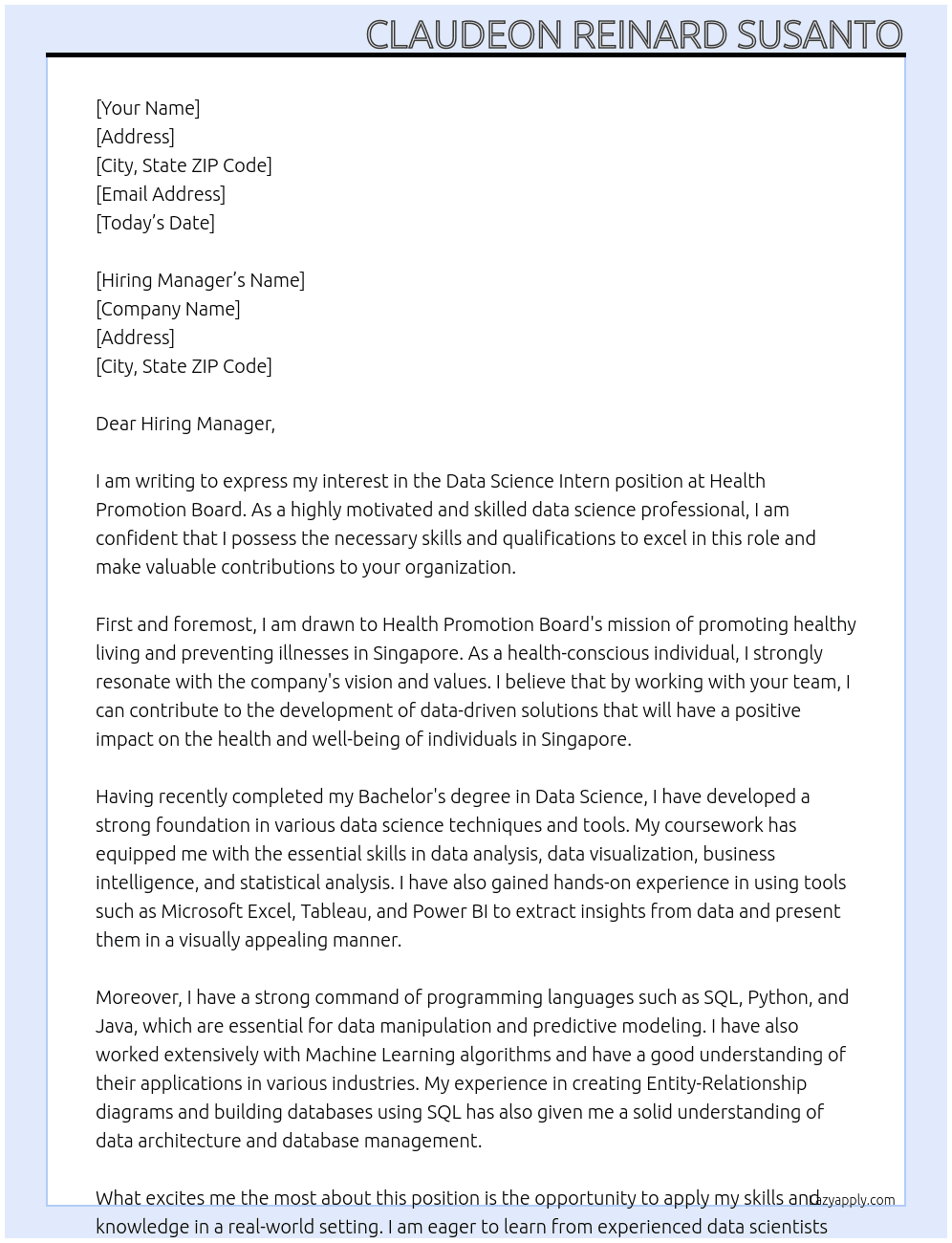 Data Science Intern At Health Promotion Board Cover Letter