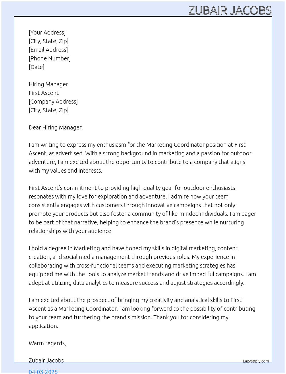Marketing coordinator  At First ascent Cover Letter