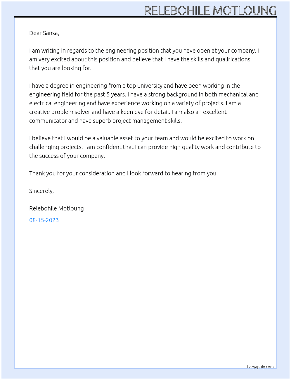 Engineering  At SANSA Cover Letter