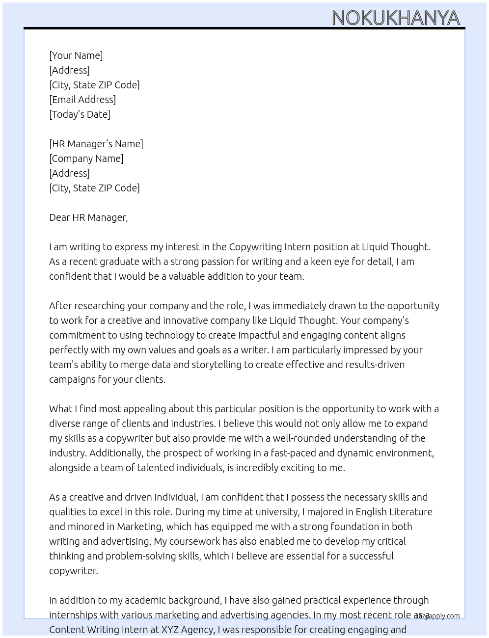 Copywriting Intern At Liquid Thought Cover Letter