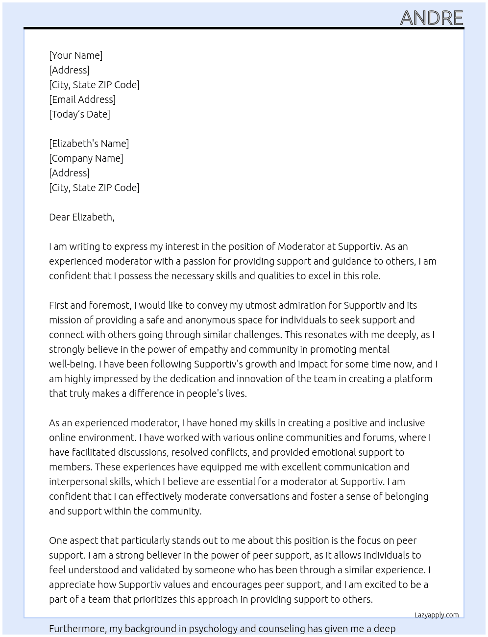 Moderator At Supportiv Cover Letter