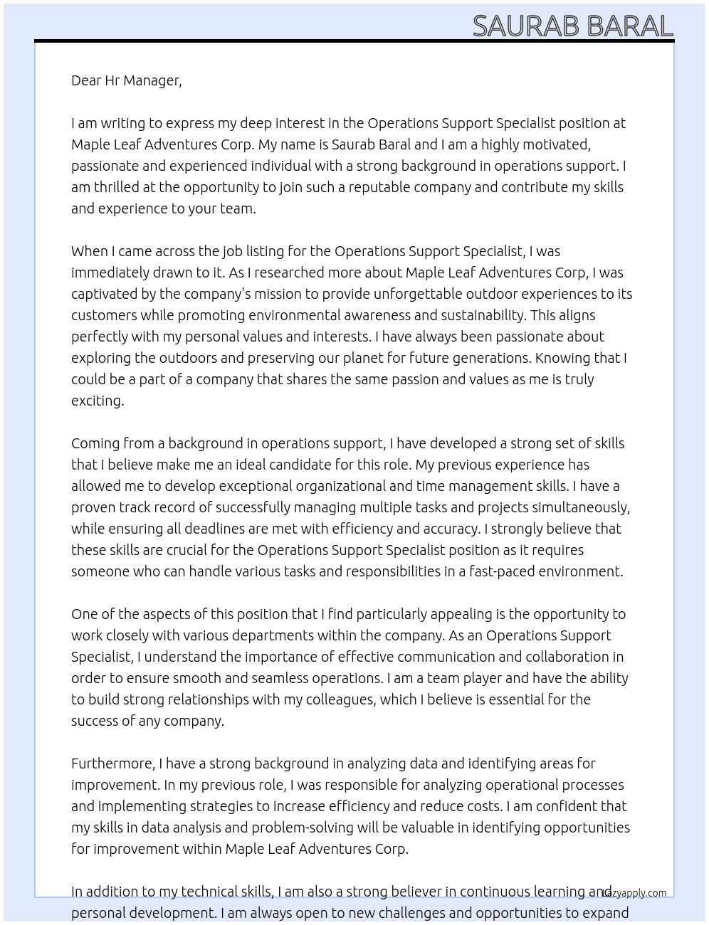 Operations Support Specialist At Maple Leaf Adventures Corp Cover Letter