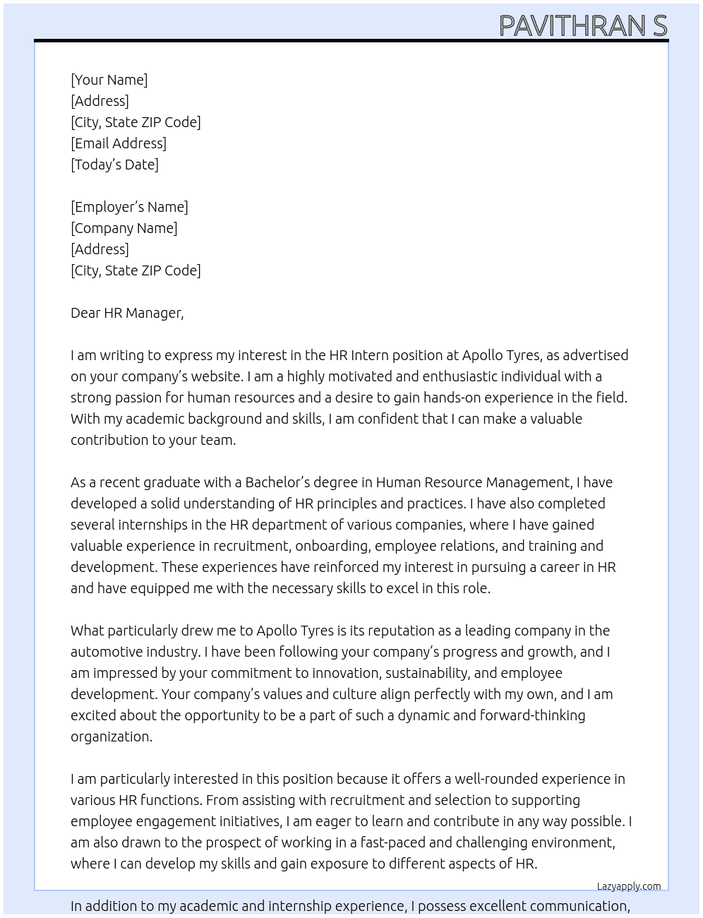 Hr intern At Apollo tyres Cover Letter