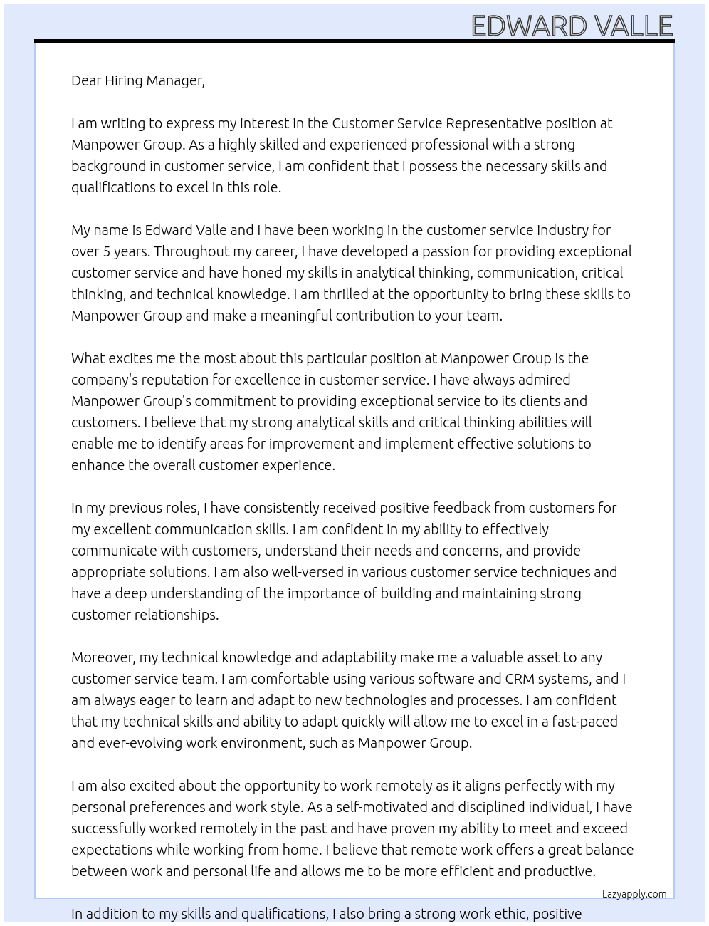 Customer Service Representative  At Manpower Group Cover Letter