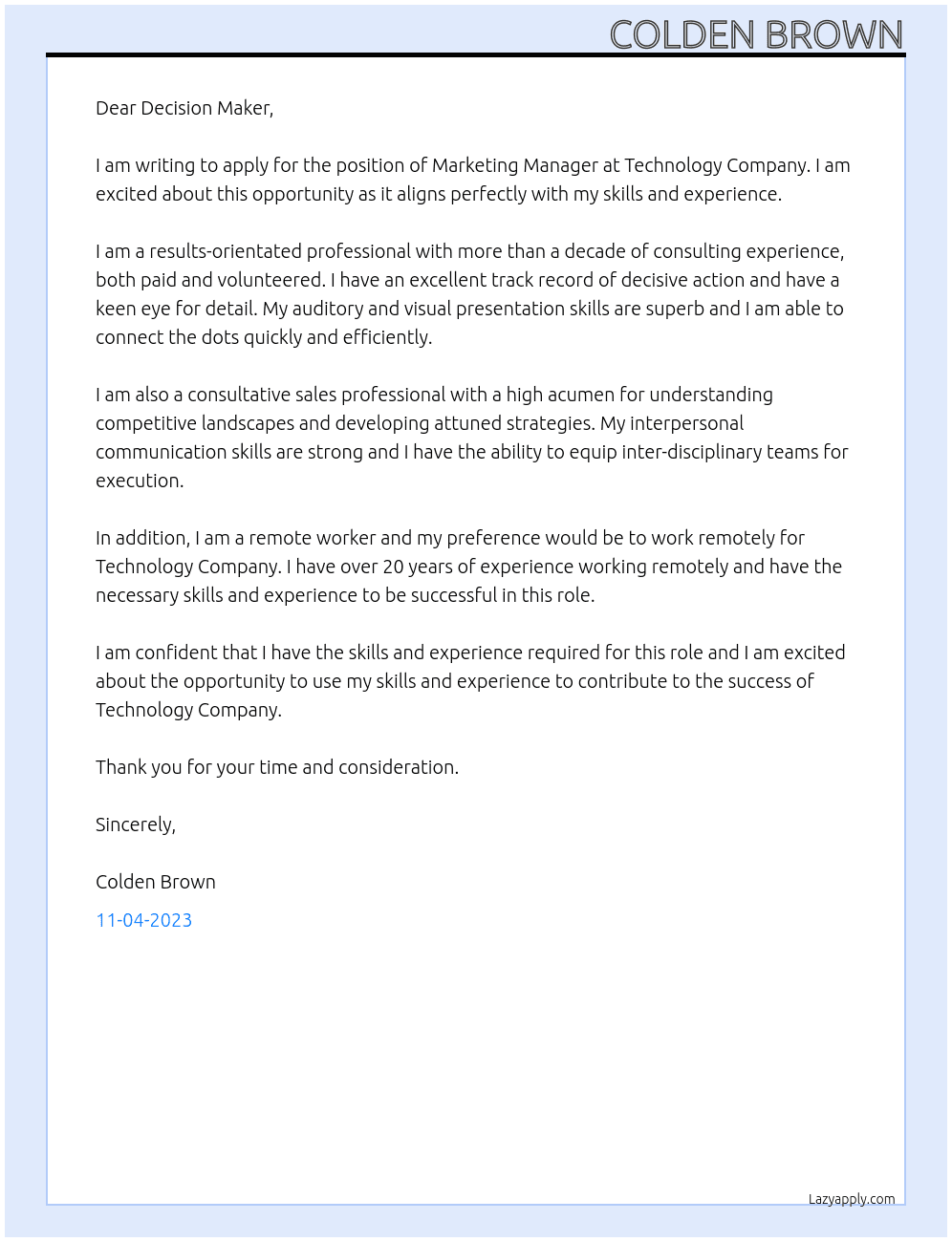 Marketing Manager At Technology Cmopany Cover Letter