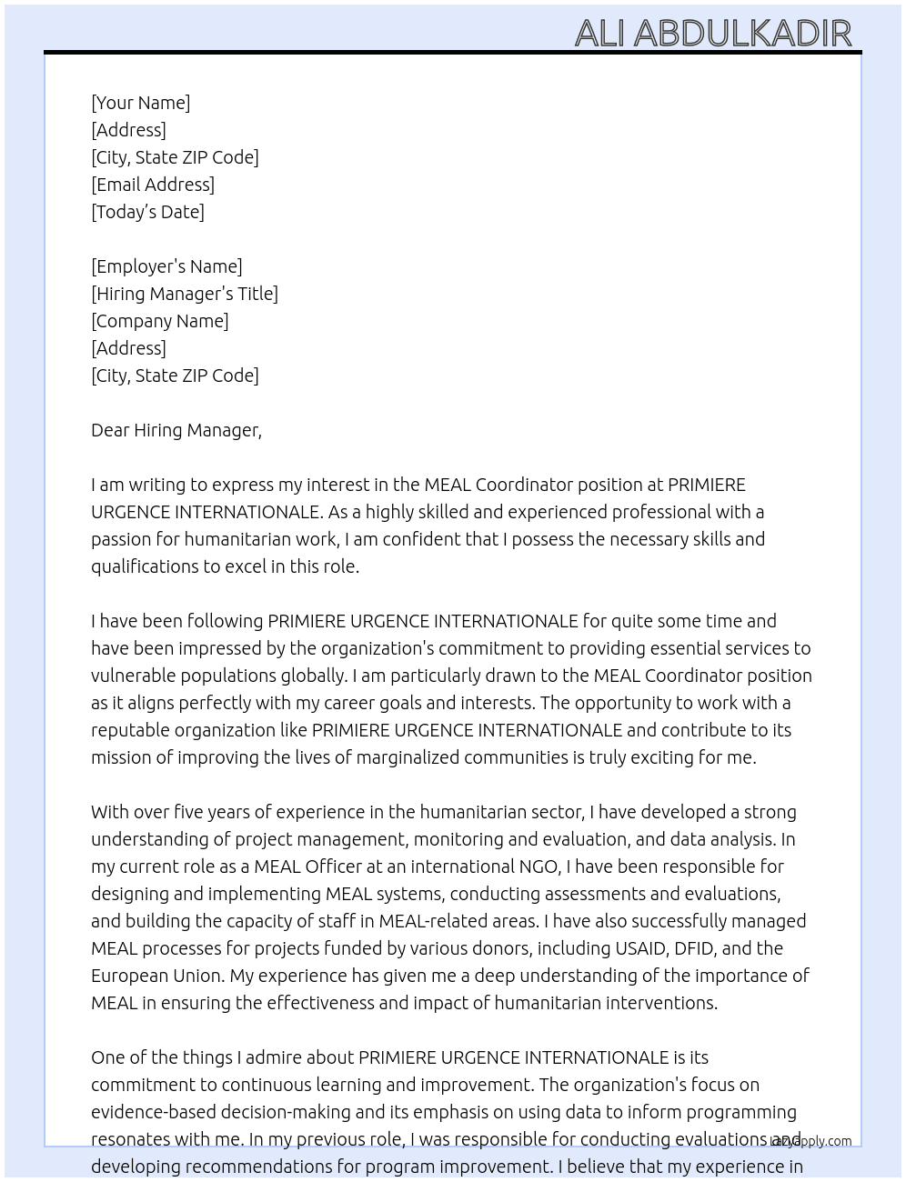 MEAL Coordinator  At PRIMIERE URGENCE INTERNATIONALE  Cover Letter