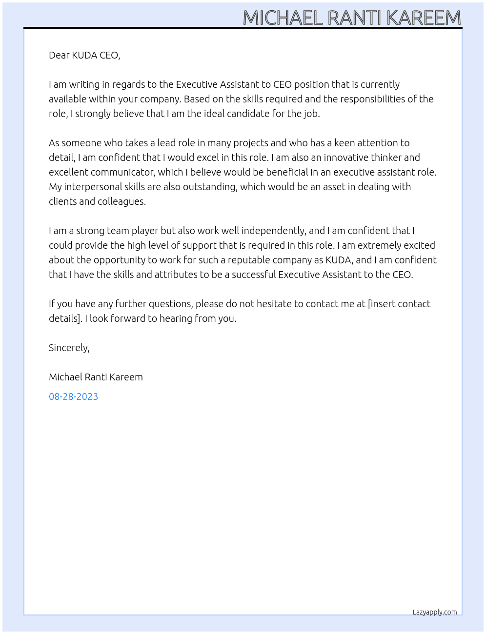 Executive Assistant to CEO At KUDA Cover Letter