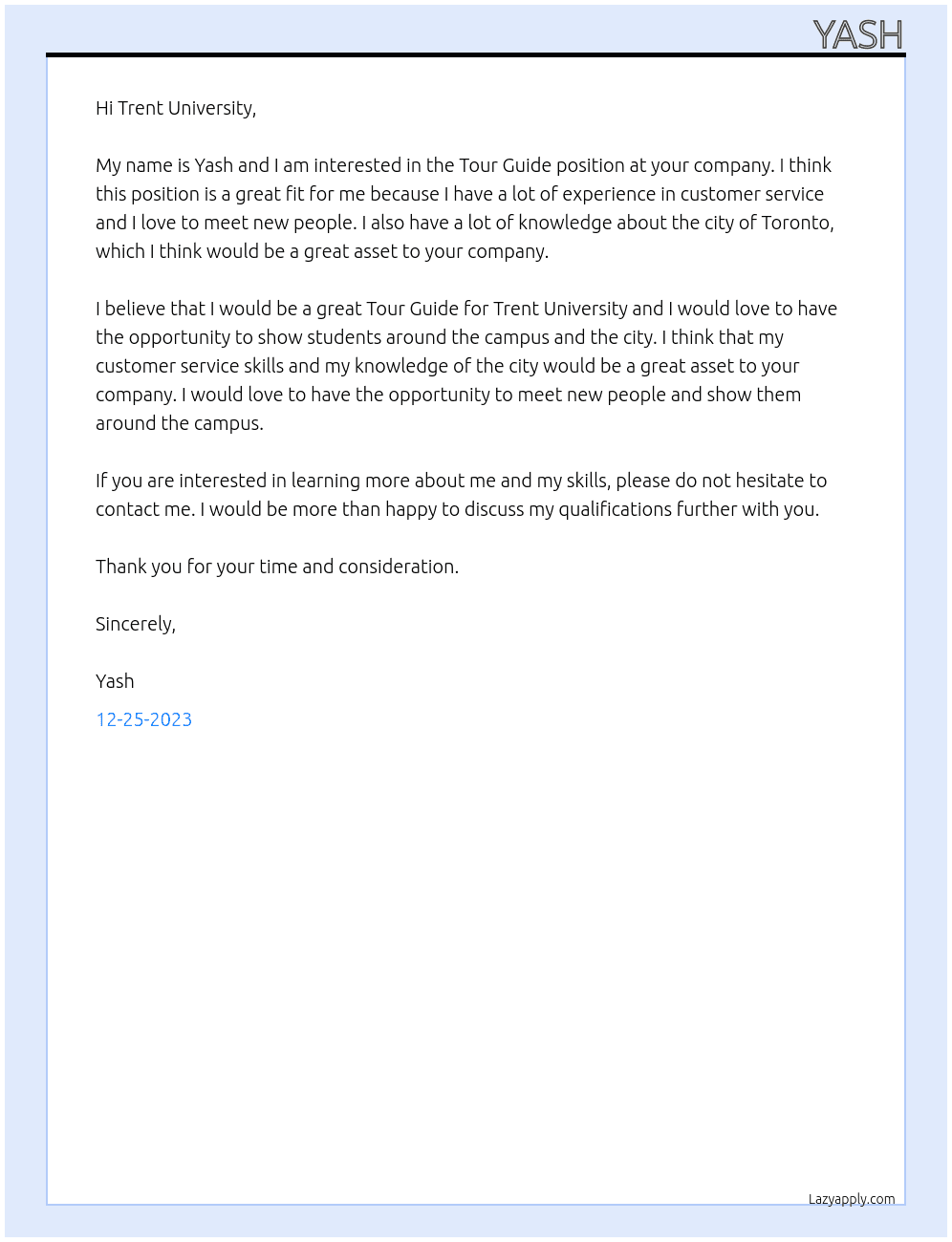 Tour Guide At Trent University Cover Letter