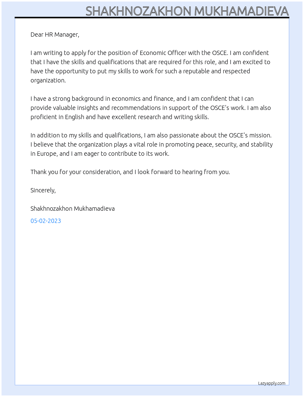 Economic Officer At OSCE Cover Letter