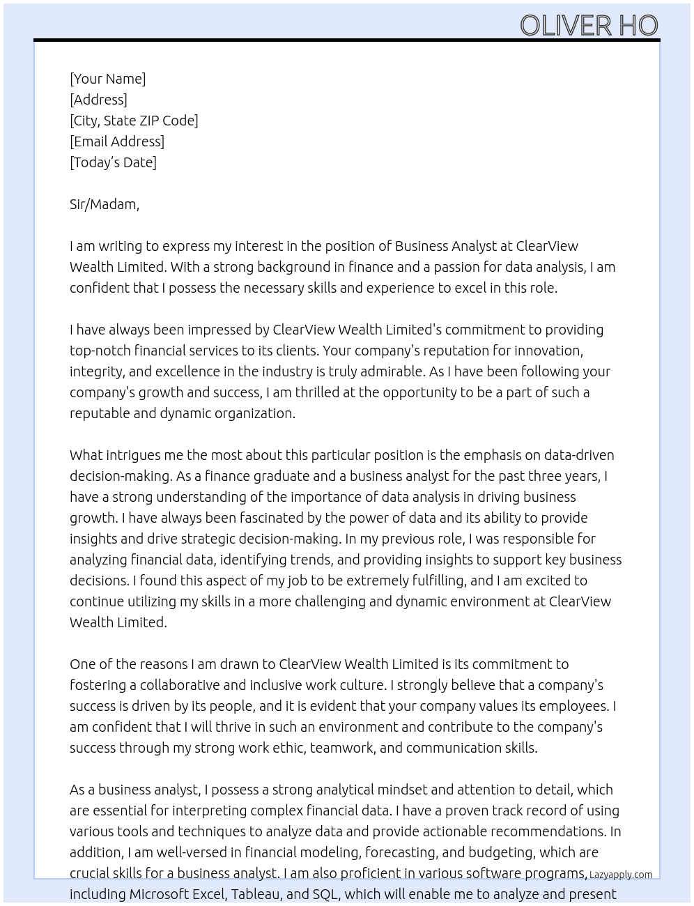 Business Analyst At ClearView Wealth Limited Cover Letter