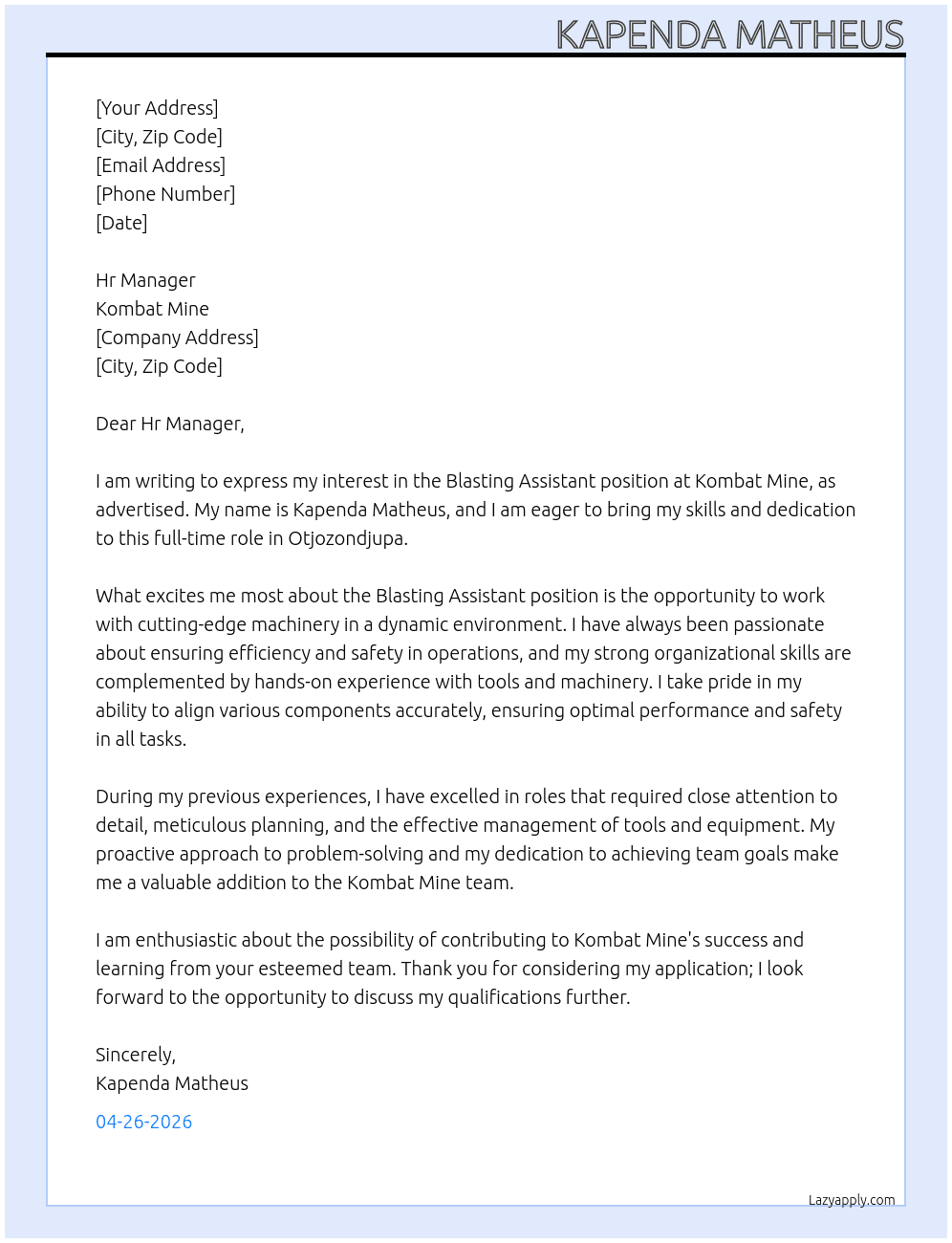 Blasting Assistant  At Kombat Mine Cover Letter