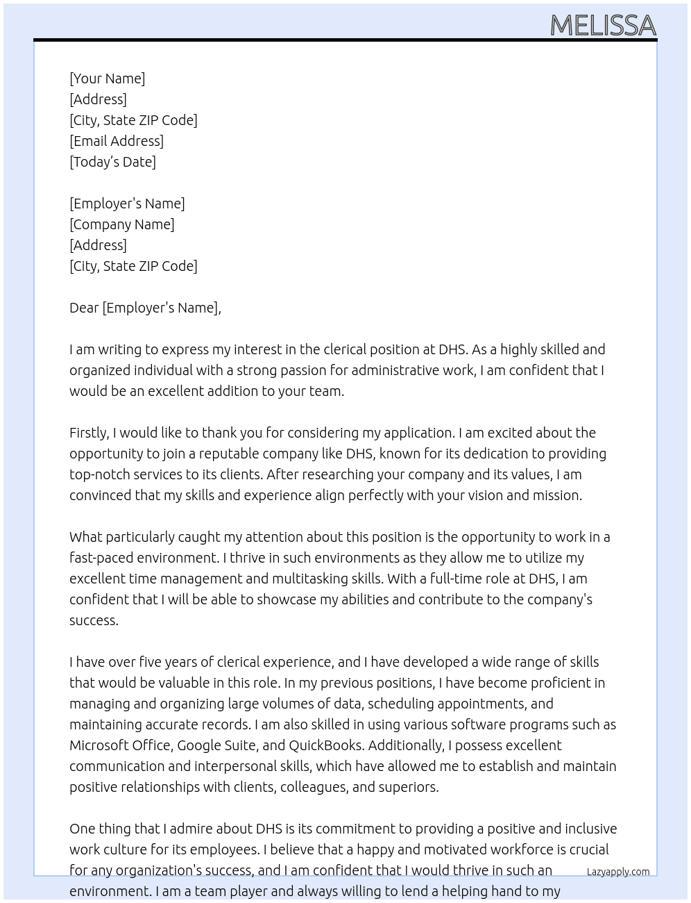 clerical At dhs Cover Letter