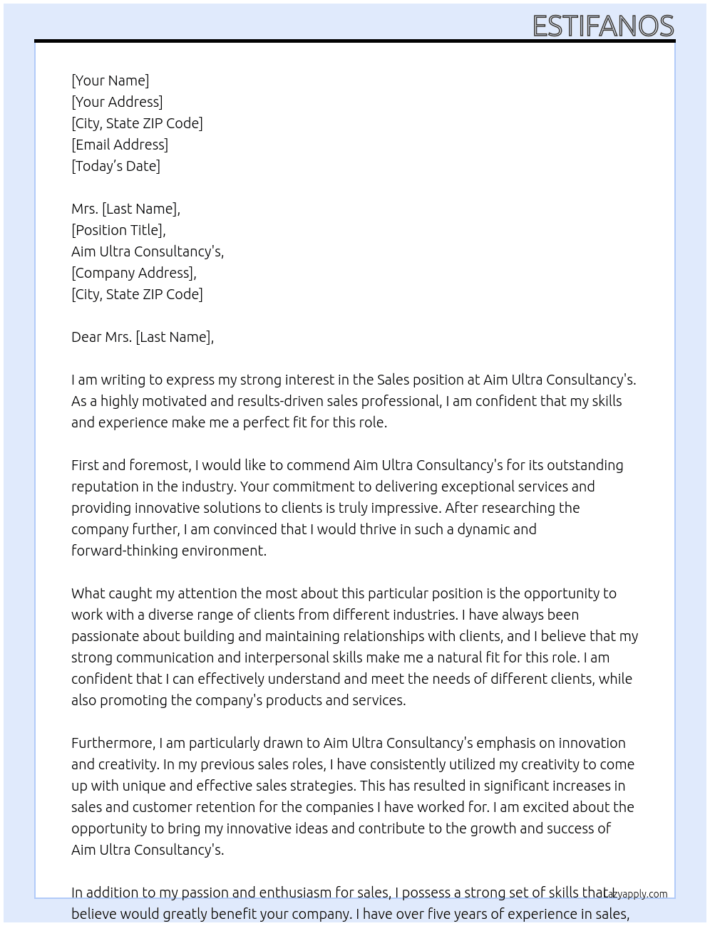 sales At Aim ultra consultancy's  Cover Letter