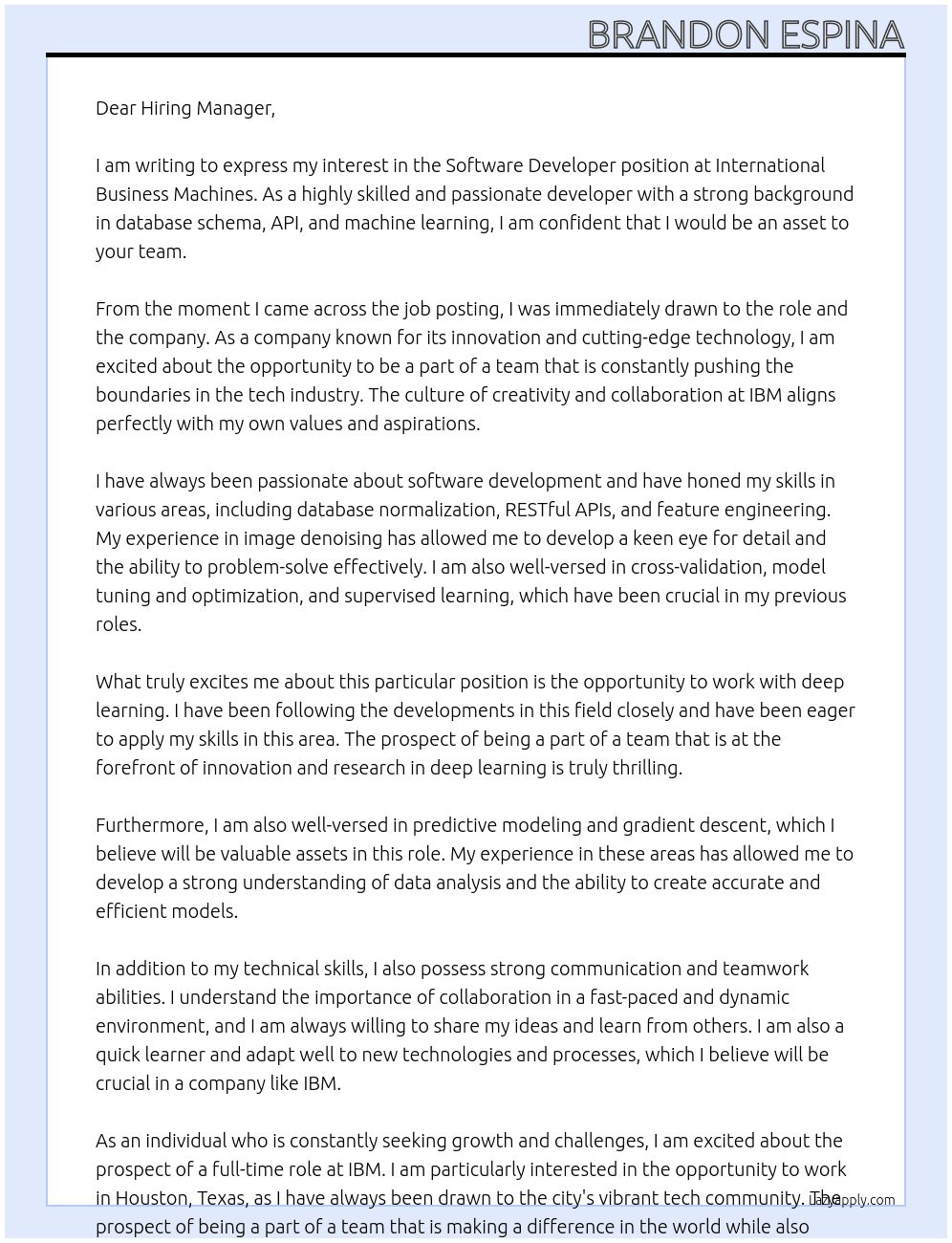 Software Developer At International Business Machines Cover Letter
