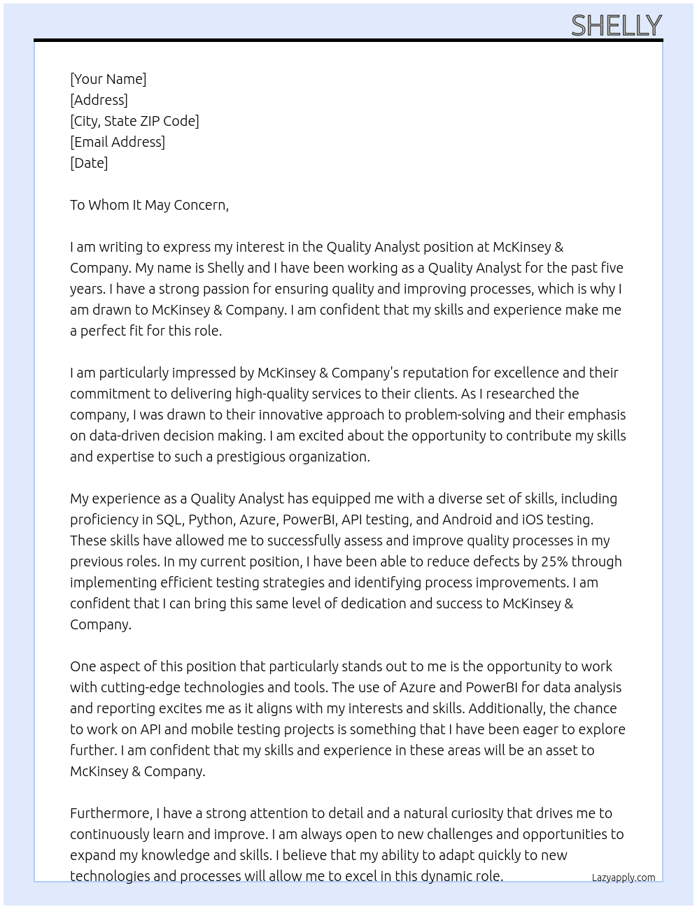 Quality Analyst At McKinsey & Company Cover Letter