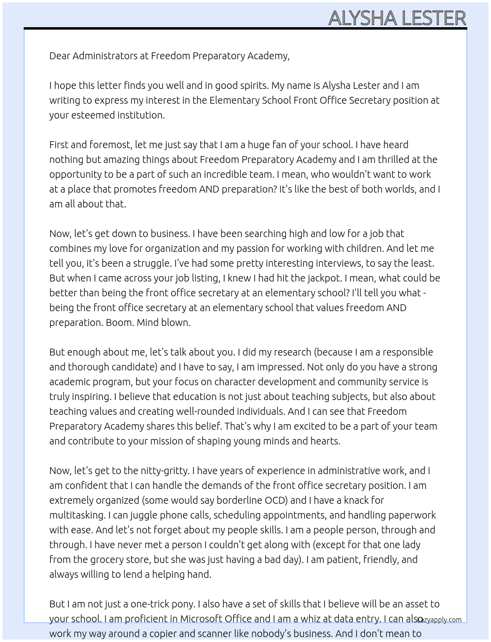 Elementary school Front Office Secretary At Freedom Preparatory Academy Cover Letter