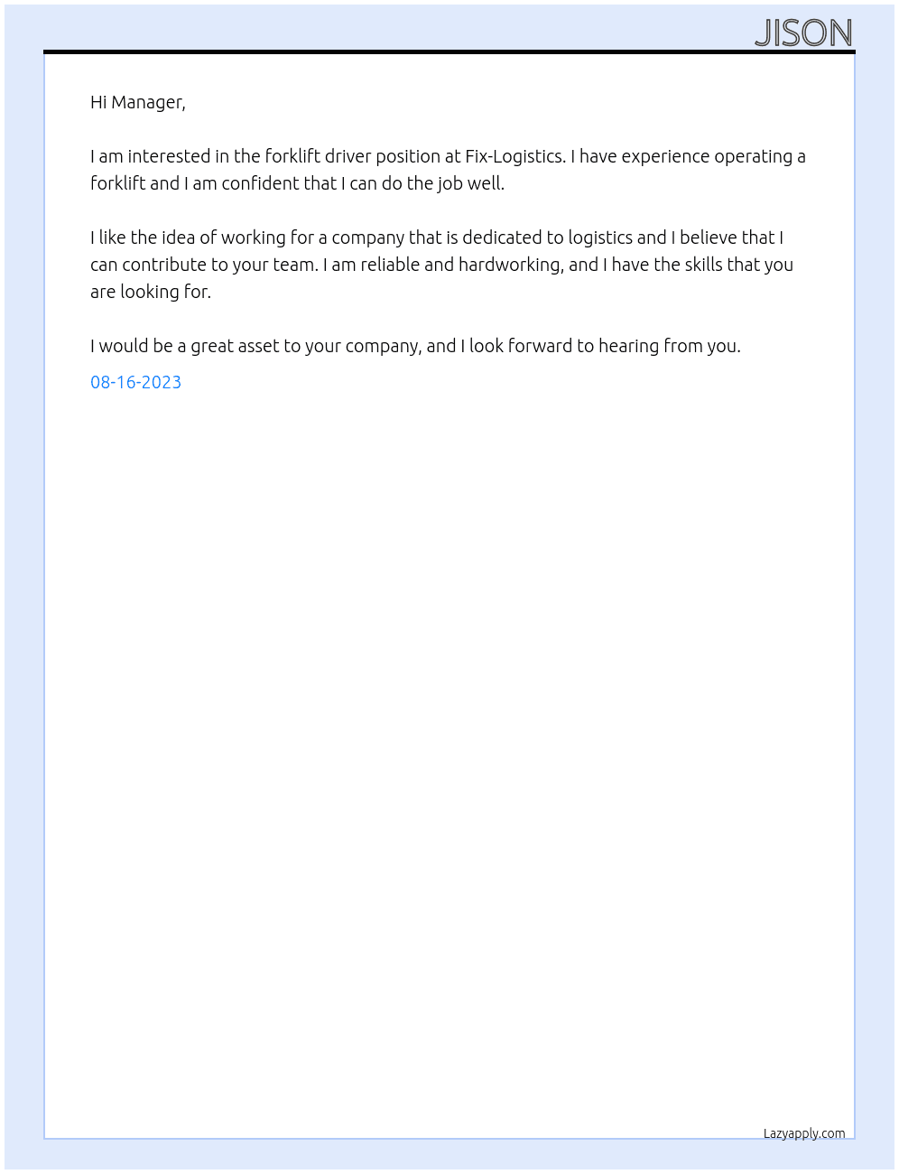 forklift driver At Fix-Logisticsoy Cover Letter