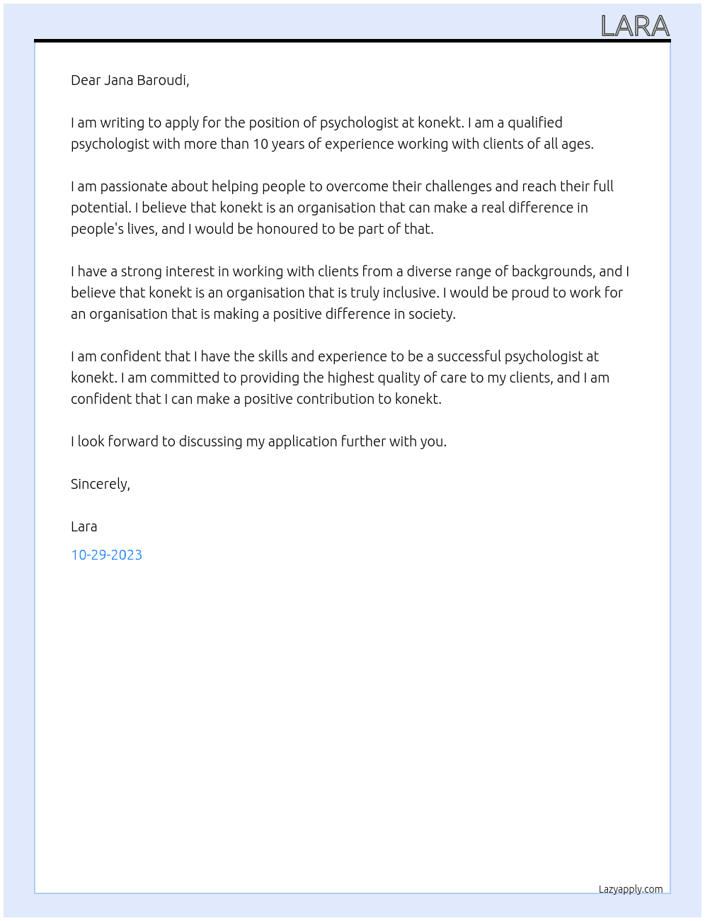 psychologist At konekt  Cover Letter
