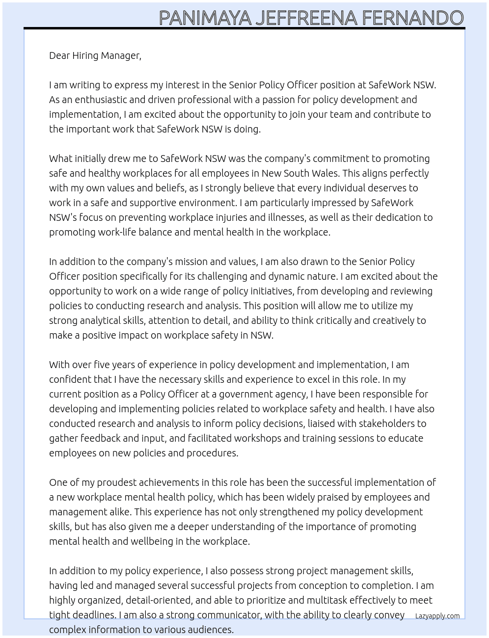 senior policy officer At safework NSW Cover Letter