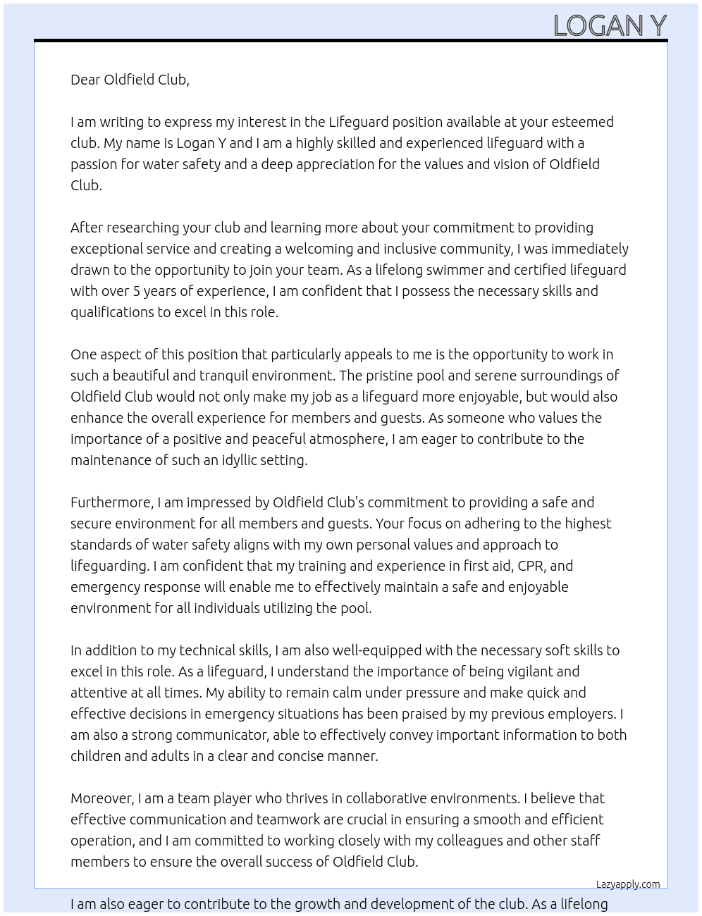 Lifeguard At oldfield club Cover Letter