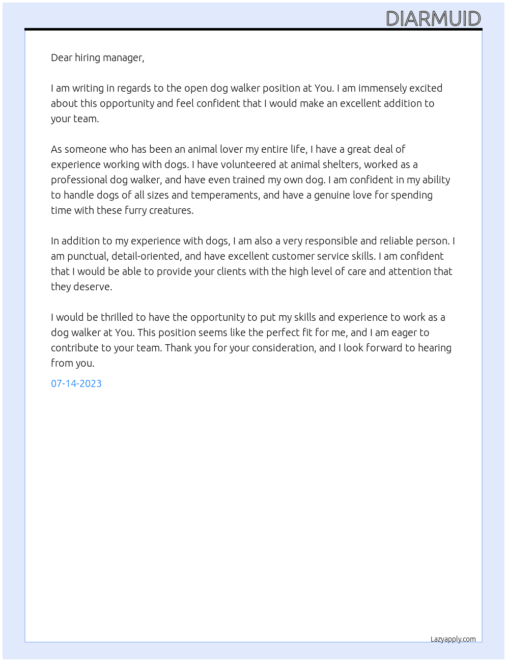 Dog Walker At You Cover Letter