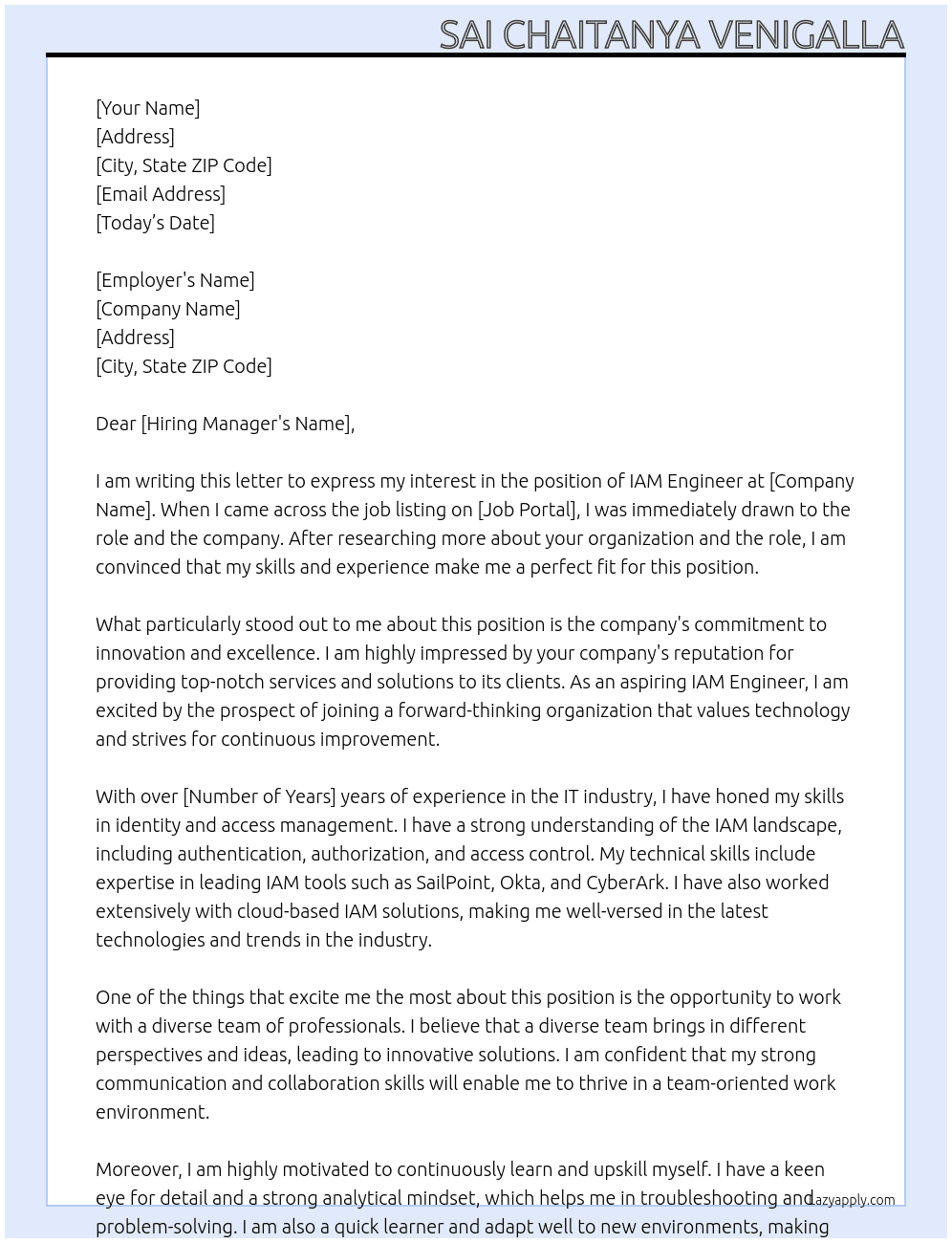 Cover letter for iam engineer - LazyApply