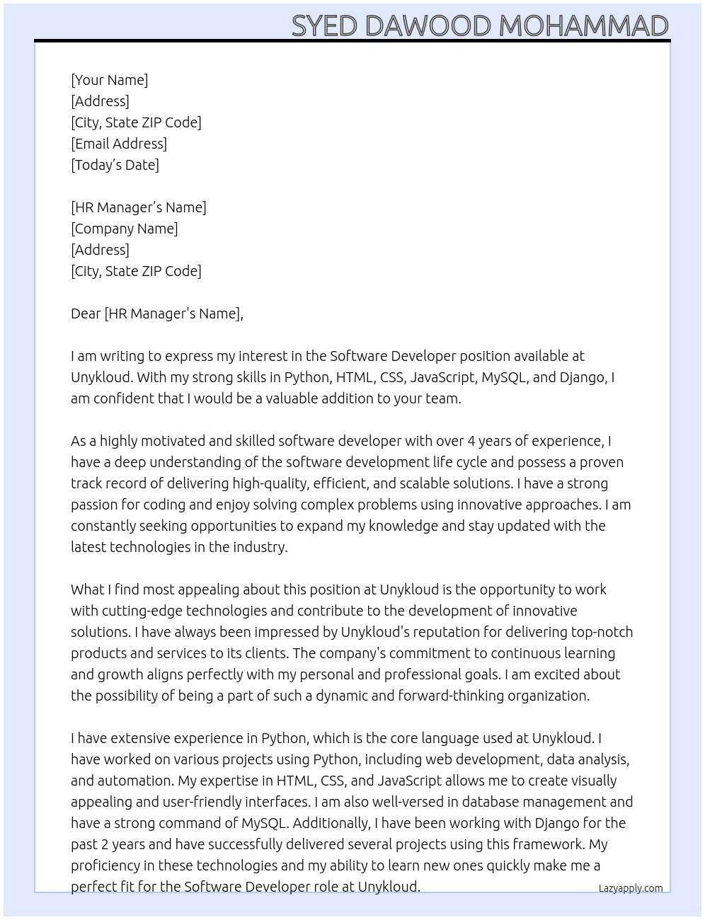 Software Developer At Unykloud Cover Letter