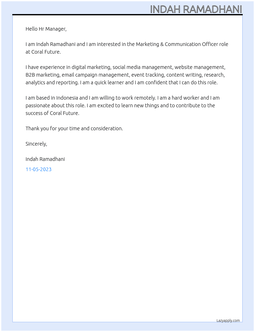 Marketing & Communication Officer At Coral Future Cover Letter
