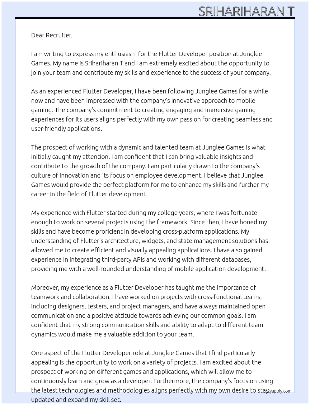 Flutter Developer At Junglee Games Cover Letter
