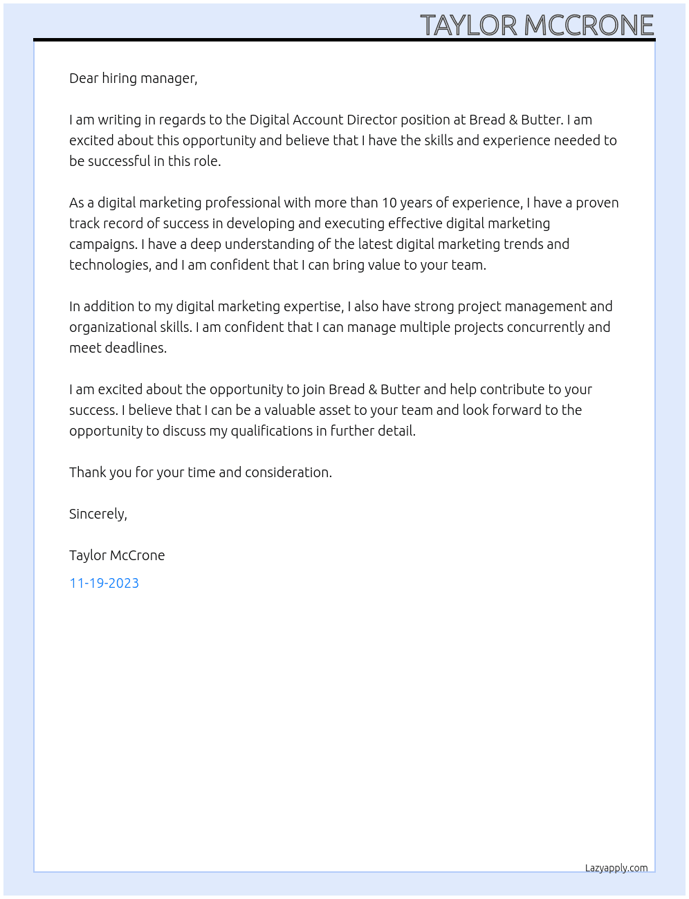 Digital Account Director At Bread & Butter Cover Letter
