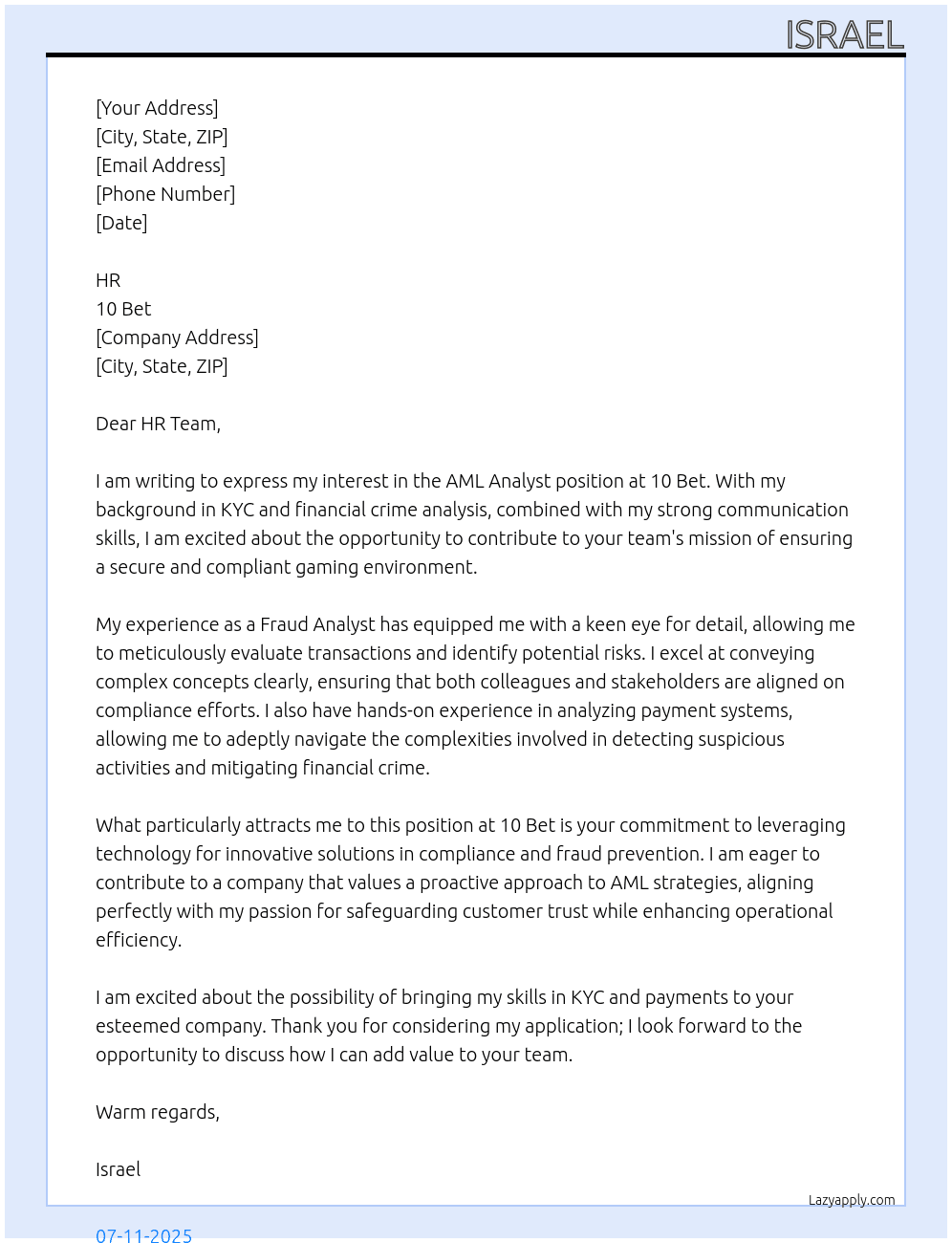 Aml analyst At 10 bet Cover Letter