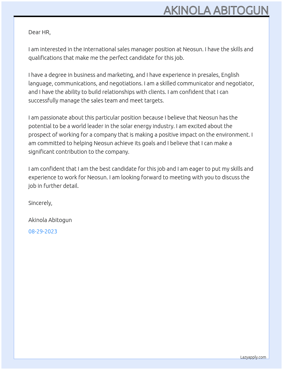 International sales manager  At Neosun  Cover Letter