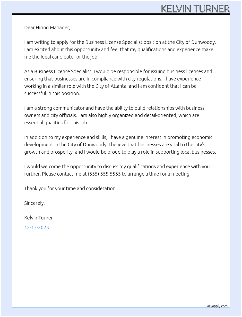 Business License Specialist At City of Dunwoody Cover Letter