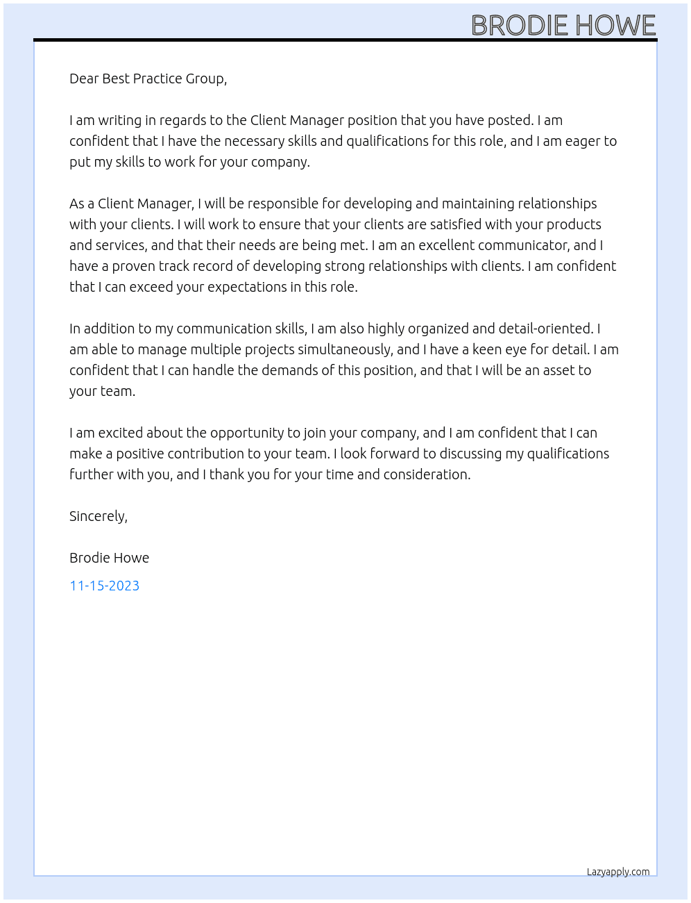 Client Manager At Best Practice Group  Cover Letter