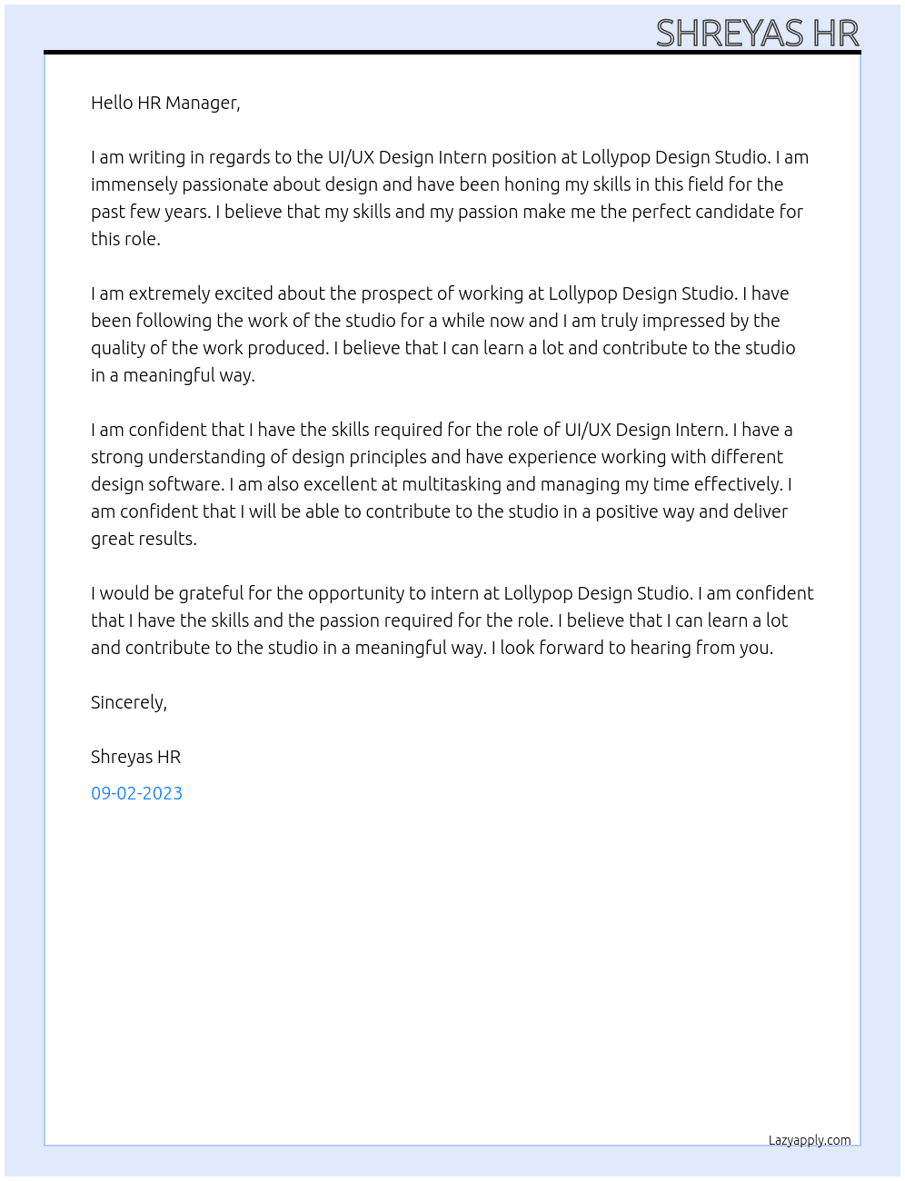 UI/UX Design Intern At Lollypop Design Studio Cover Letter