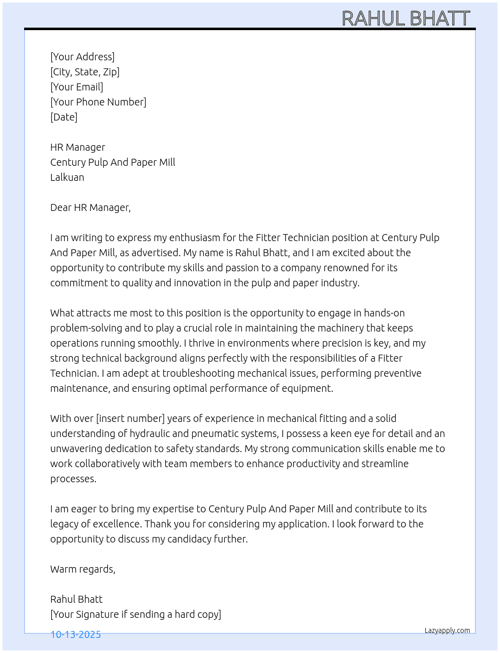 Apply For Fitter Technician  At Century Pulp And Paper Mill, Lalkuan  Cover Letter