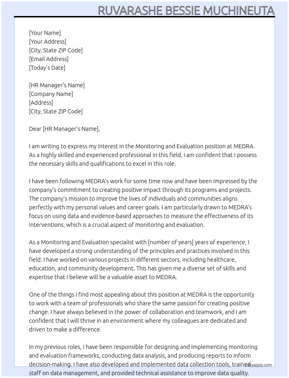 Monitoring and evaluation At MEDRA Cover Letter