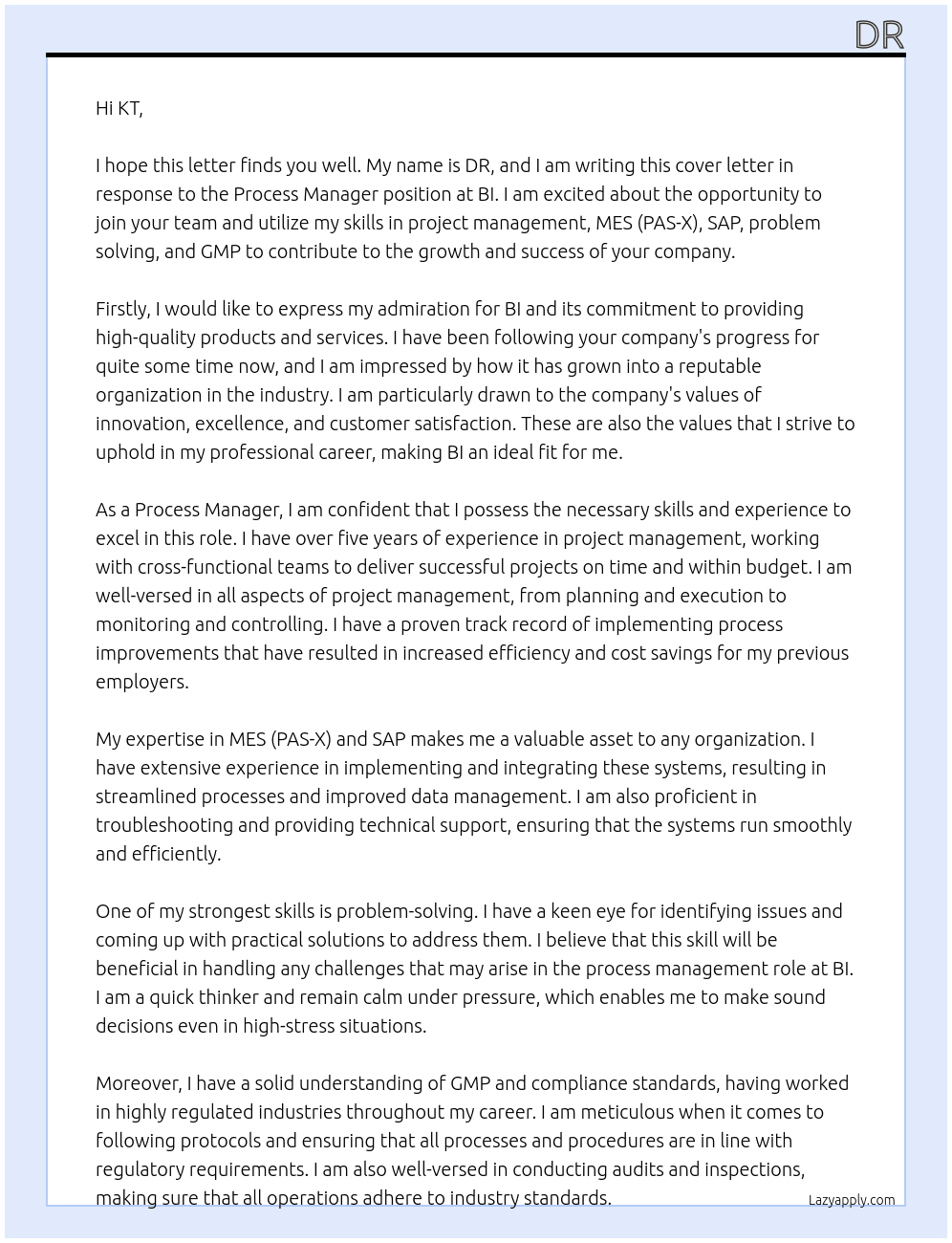 Process Manager At BI Cover Letter