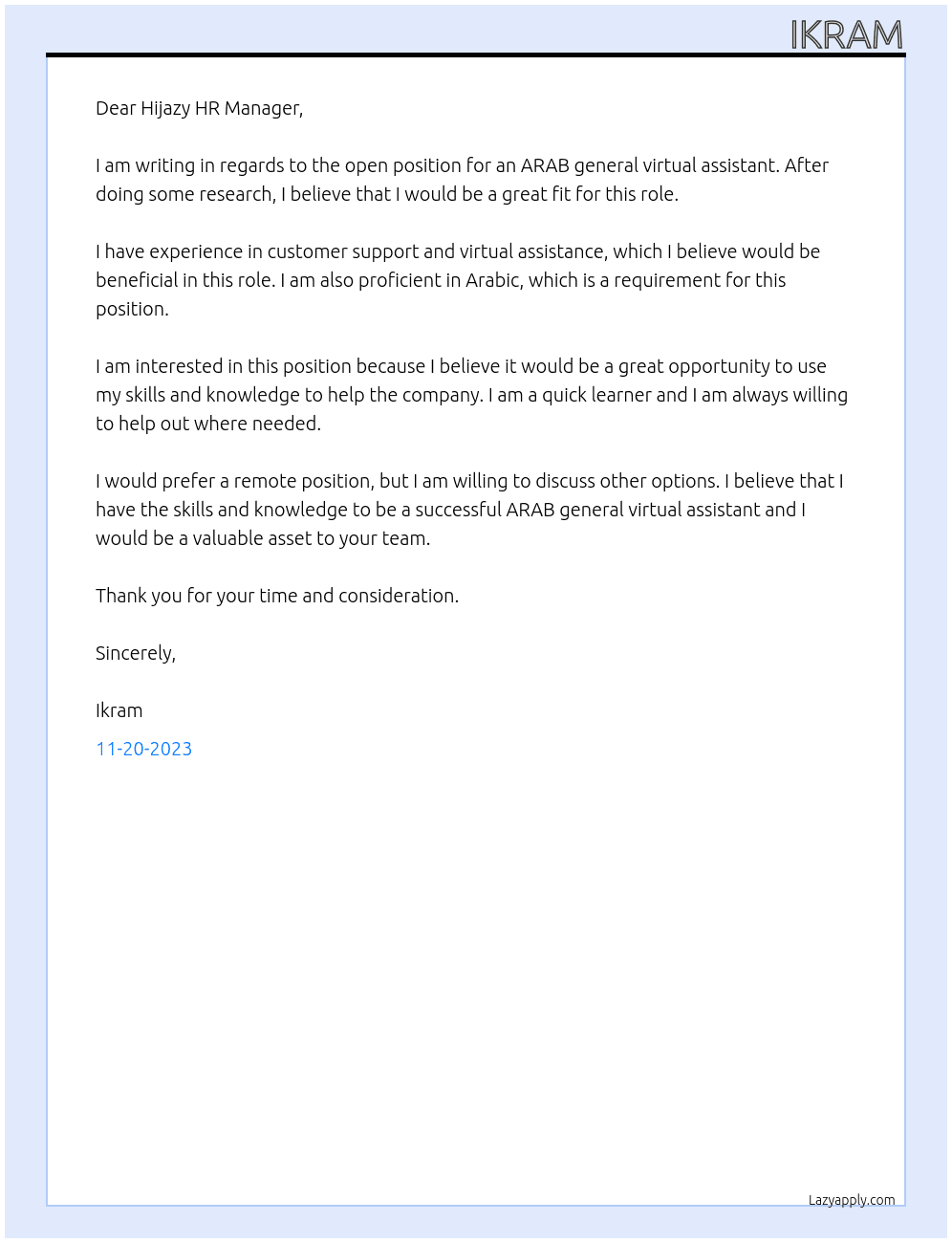 ARAB general Virtual assistant At hijazy Cover Letter