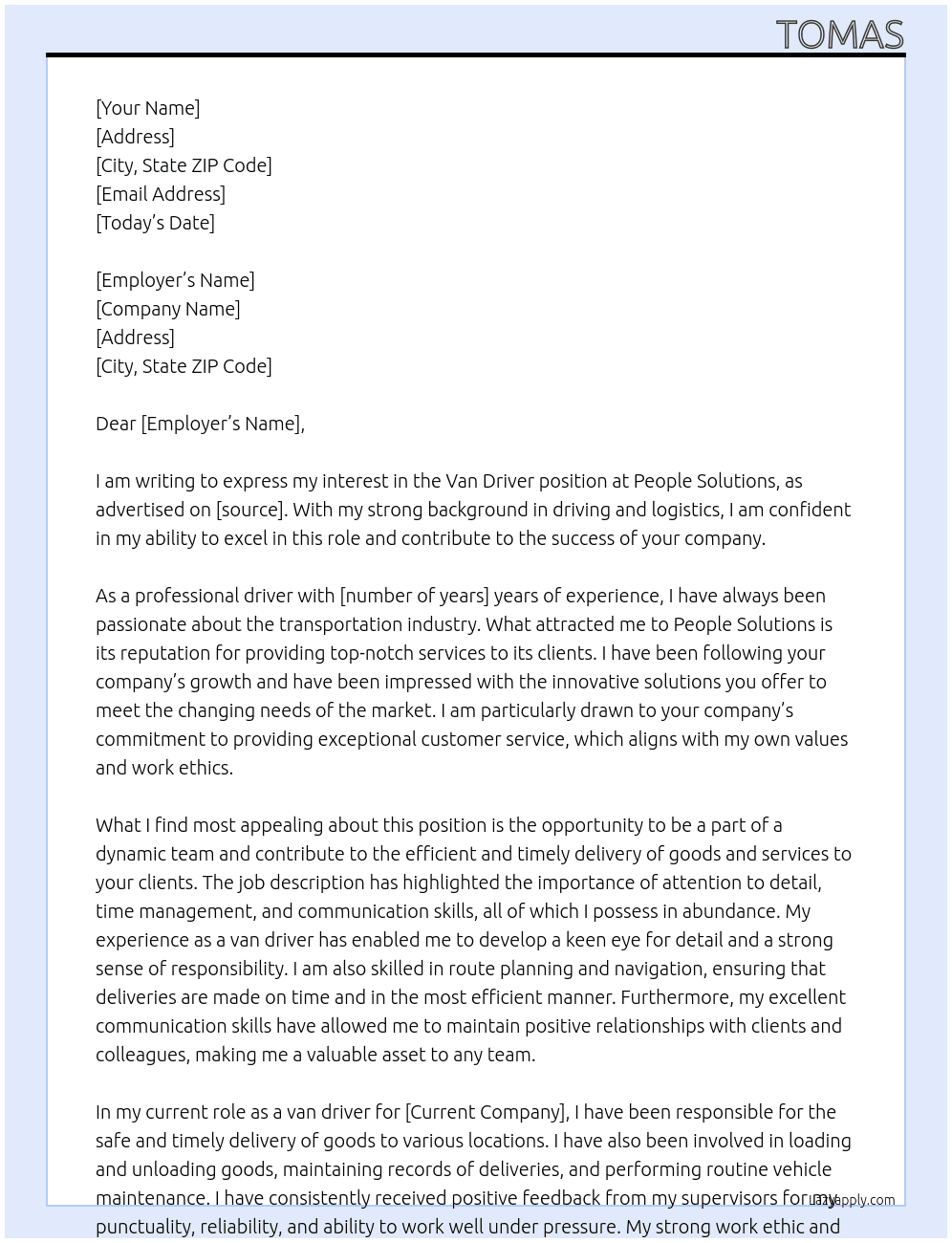 van driver At people solutions Cover Letter