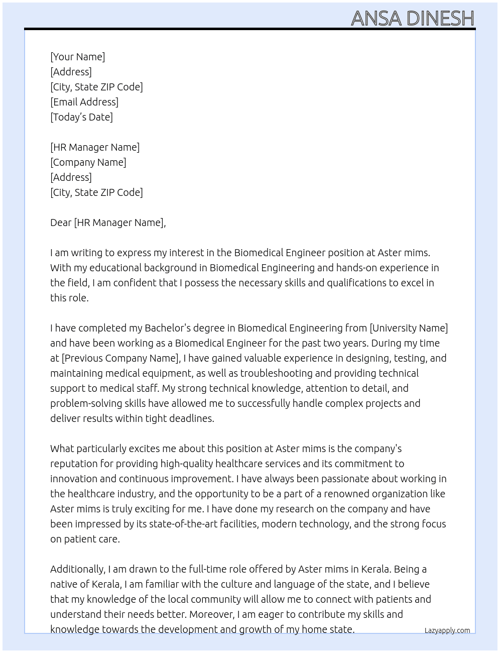Biomedical engineer At Aster mims  Cover Letter