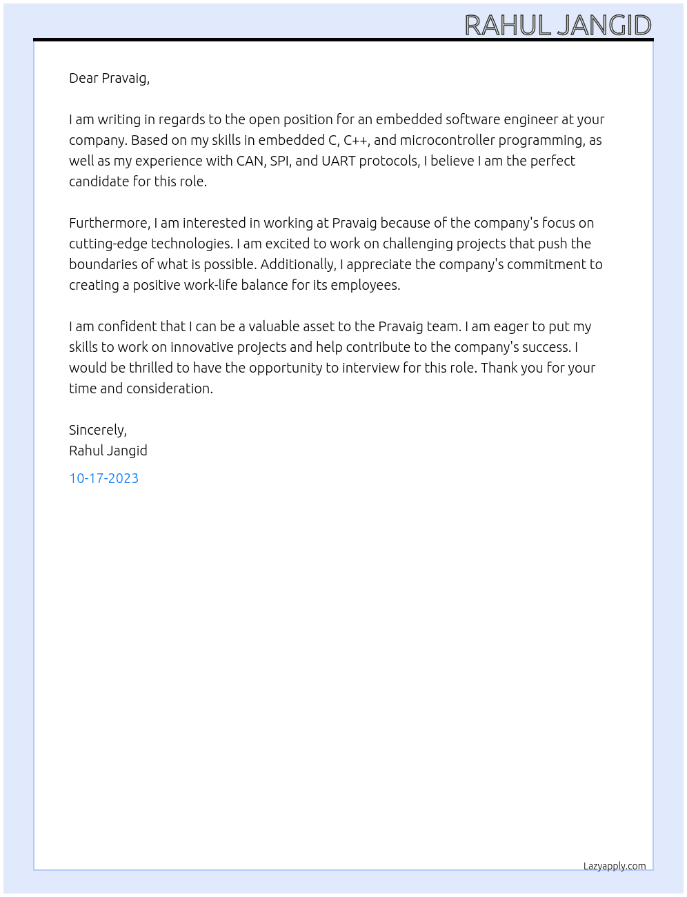 Embedded software At Pravaig  Cover Letter
