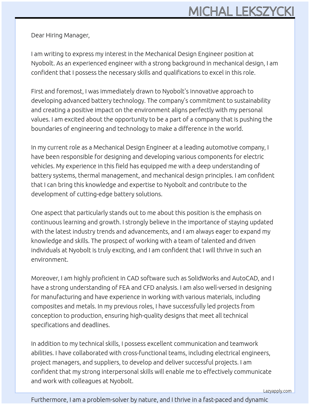 Mechanical Design Engineer At Nyobolt Cover Letter