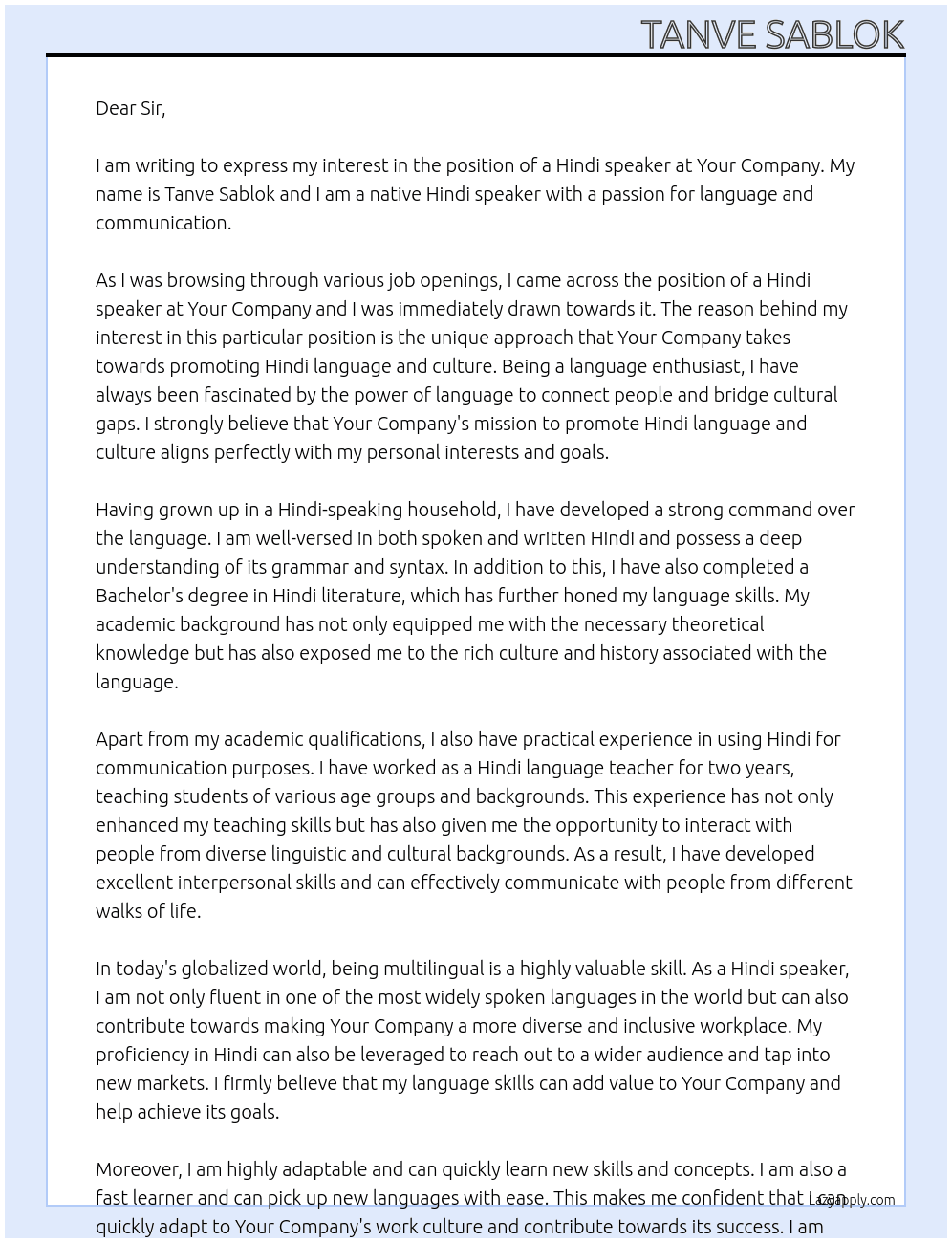 Hindi speaker  At Your company Cover Letter